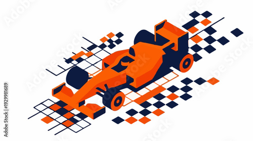 Isometric orange formula race car driving fast on a digital checkered track grid background representing modern automotive technology