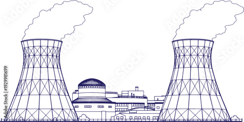 Atomic Energy Nuclear Power Station Exterior with Cooling Towers, Minimal Vector Black Line Art, Thin Outline Industrial Plant Illustration, Clean Energy and Electricity Production Concept