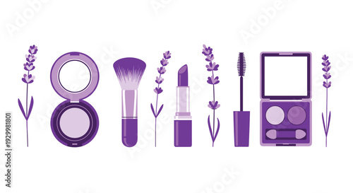 A collection of purple makeup products and lavender flowers arranged in a horizontal row on a plain white background.