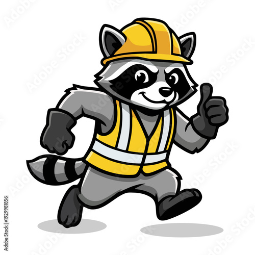 Energetic Running Raccoon Mascot Wearing Safety Vest and Helmet, Fast Repair and Maintenance Service Branding