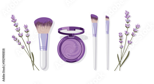 Purple makeup brushes and a swirl textured powder compact arranged horizontally with lavender on a white background.