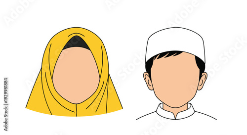 Faceless portraits of a Muslim woman in a yellow hijab and a Muslim man in a white cap on a white background.