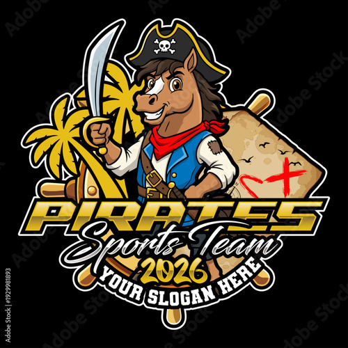 Pirate Horse Mascot Logo Template for Sports or Adventure Teams with Map and Ship's Wheel