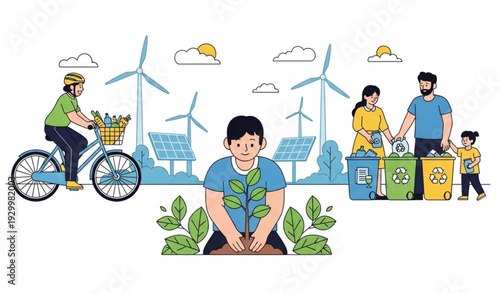 Eco-friendly lifestyle vector illustration with people recycling and planting trees for sustainability