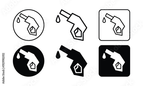 Gas Pump Nozzle Icons Set with Dripping Fuel: Outline Filled Circle Square Variants Black Line Vector Graphics