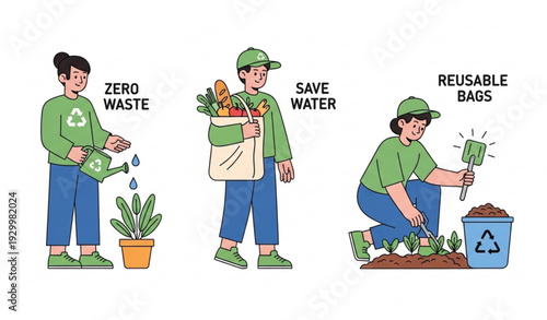 Eco-friendly habits vector illustration promoting zero-waste lifestyle and green living