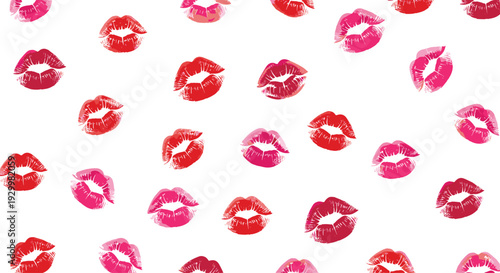 A dense pattern of red and pink lip print marks with detailed skin textures scattered across a white background.