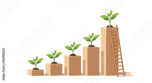 Five wooden blocks of increasing height with green sprouts and a wooden ladder on a plain white background.
