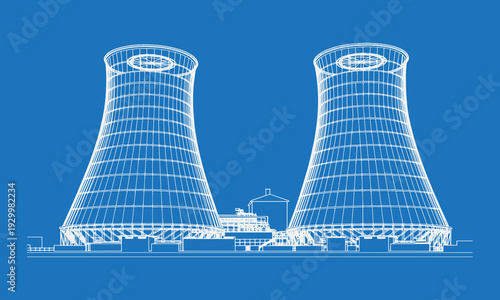 Atomic Energy Nuclear Power Station Exterior with Cooling Towers, Minimal Vector Black Line Art, Thin Outline Industrial Plant Illustration, Clean Energy and Electricity Production Concept