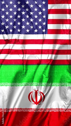 A vertical composite textile graphic featuring the national flags of the United States and Iran.