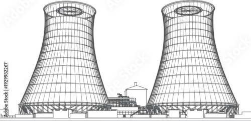 Atomic Energy Nuclear Power Station Exterior with Cooling Towers, Minimal Vector Black Line Art, Thin Outline Industrial Plant Illustration, Clean Energy and Electricity Production Concept