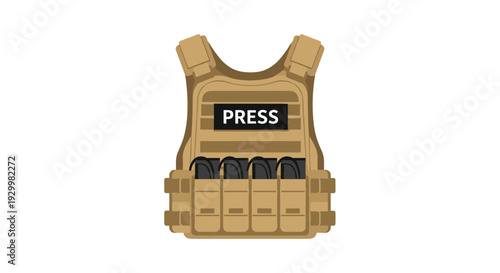 A tan ballistic plate carrier vest with a black press patch and four dark ammunition magazines on a white background.