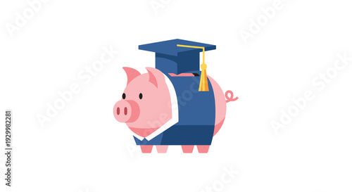 A pink ceramic piggy bank wearing a blue academic graduation gown and a square mortarboard cap on a white background.