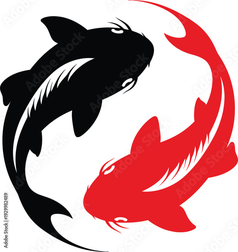 Black and red koi fish swimming in a circular yin yang motion, minimalist japanese carp vector illustration for balance harmony and zen branding.
