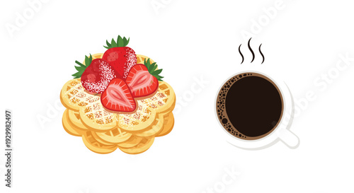 A stack of golden heart-shaped waffles topped with fresh strawberries and powdered sugar sits next to a steaming cup of dark black coffee on a white background.