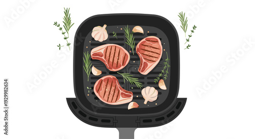 Three thick grilled steaks are positioned inside a square air fryer basket garnished with rosemary and garlic cloves on a plain white background.