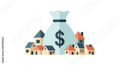 A large light blue money bag with a black dollar sign sits behind a row of small suburban houses with red and grey roofs on a white background.