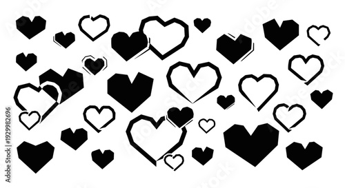 Collection of black and white hearts in various sizes and styles