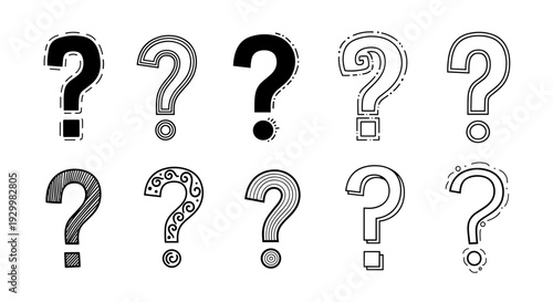 Multiple question marks in various styles on a plain background