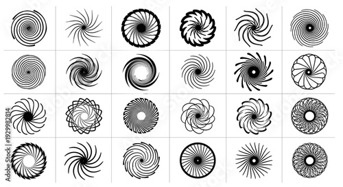 Collection of spiral and swirl patterns in black and white