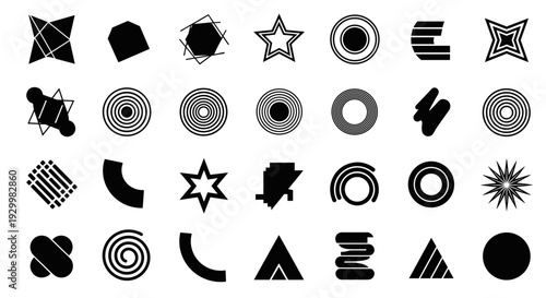 Collection of black and white geometric shapes and abstract symbols