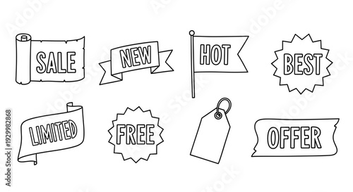 Collection of handdrawn sale, new, hot, best, limited, free, offer tags