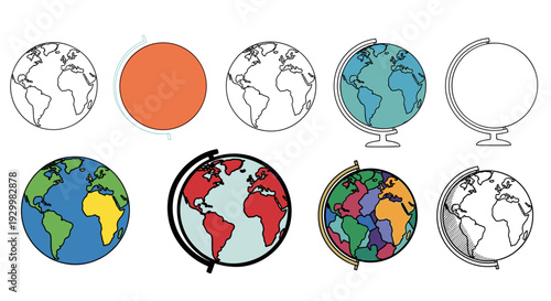 Collection of globe illustrations showing different continents and styles