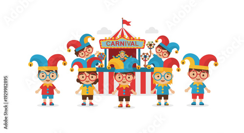 Seven children wearing jester hats and glasses stand before a red and white striped carnival booth under a white sky in a flat illustration.