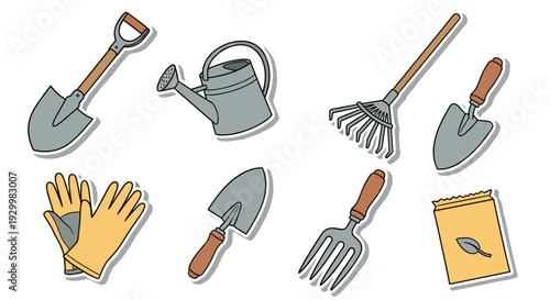 Collection of gardening tools including shovel rake gloves and watering can