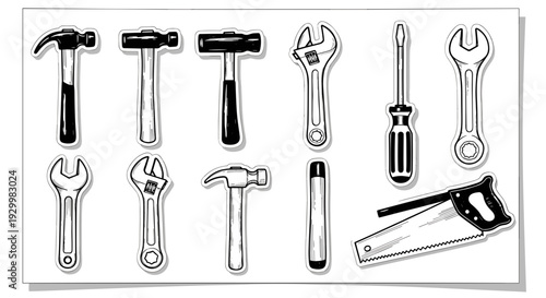 Collection of various hand tools including hammers wrenches and saws
