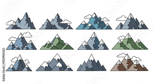 Set of mountain icons with different styles and colors for design