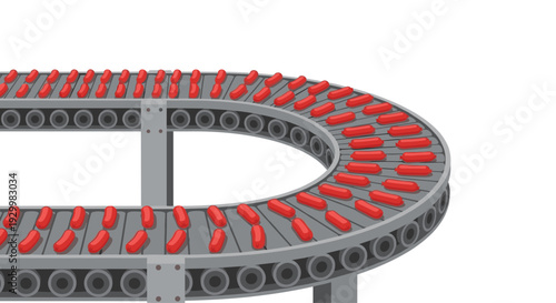 Numerous red sausages travel along a curved gray industrial conveyor belt with visible rollers and metal supports in a flat vector illustration style.