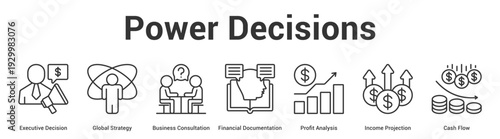 Power Decisions web banner icon set vector illustration concept for business with icon of Executive Decision, Global Strategy, Business Consultation, Financial Documentation, Profit Analysis, Inc.