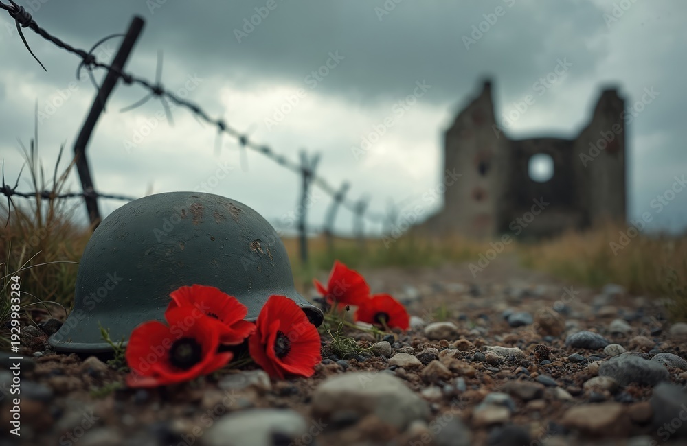 Fototapeta premium Military helmet and red poppies rest on rocky ground near barbed wire fence. Crumbling building ruins stand against a cloudy sky symbolizing war loss remembrance and peace.
