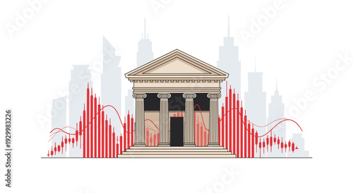 A classical bank building with columns stands before a city skyline with red financial candlestick charts and line graphs in a flat illustration.