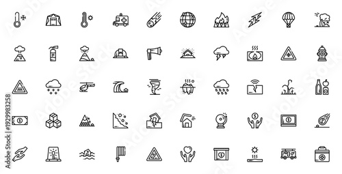 Natural disasters icon set. Emergency vector symbols collection. Includes earthquake, flood, volcano, tornado, aid, rescue, alert, donation and more. Editable thin line icons.