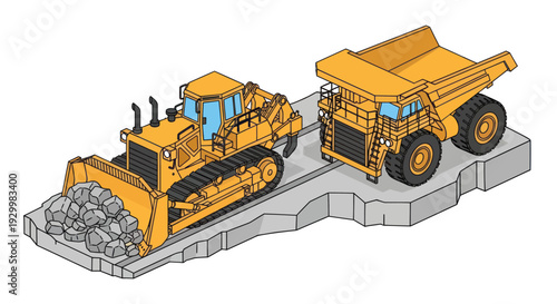 Heavy-duty construction vehicles - bulldozer and dump truck working together.