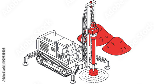 Heavy-duty drilling rig in operation with excavated soil piles.