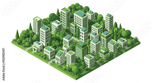 An isometric illustration of a sustainable green city block with white buildings featuring solar panels and many surrounding green trees.
