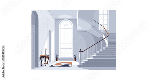A spacious blue and gray interior room with a large arched window and a grand curved staircase with a wooden handrail.