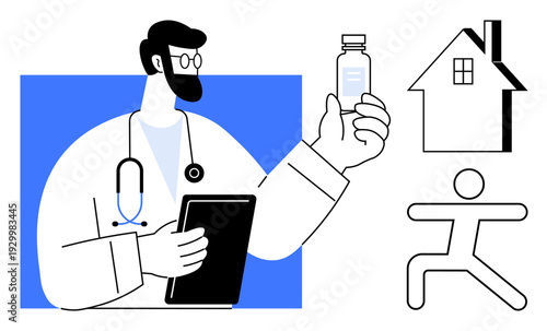 Telemedicine, healthcare, medical consultation, health at home, vaccinations, wellness management. A doctor with a tablet and medicine bottle near healthcare icons. Telemedicine and healthcare