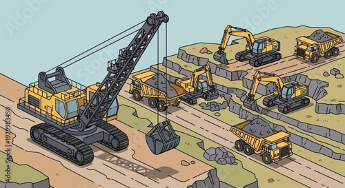 Heavy-duty excavator with a large bucket at a mining site.
