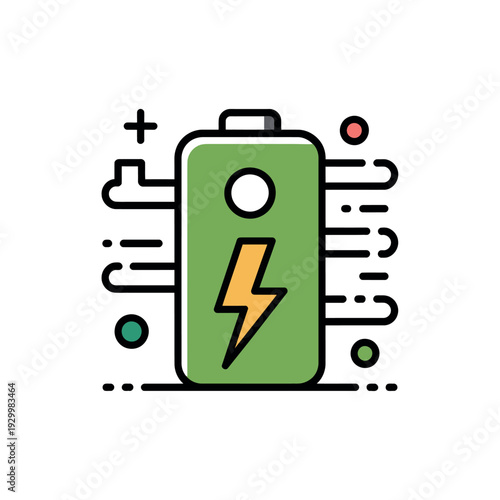 A green battery icon with a yellow lightning bolt on a white background with circuit elements