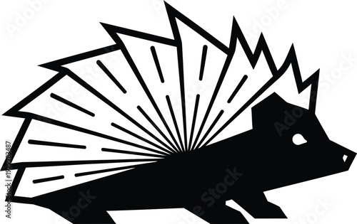 Minimalist hedgehog silhouette with stylized geometric quills, black and white wildlife vector illustration for forest nature and animal branding projects.