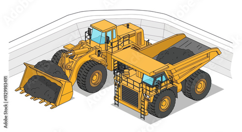 Heavy-duty mining equipment - front loader and dump truck working together.