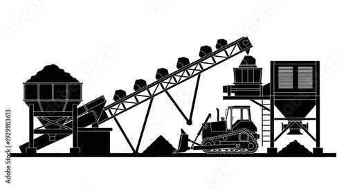 Industrial mining and construction equipment silhouette with conveyor belt and bulldozer.