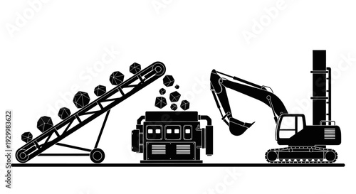 Industrial mining equipment for crushing and conveying ore.