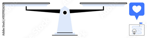 Decision-making concept. A balance scale contrasts love and ideas, decision-making processes and evaluating values. Great for thumbs up ethics, justice, business, or priorities