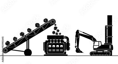 Industrial mining machinery with conveyor belt and excavator in operation.