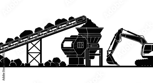 Industrial mining operation with excavator, conveyor belt, and crushing machine.